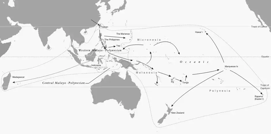 Map showing the widespread radiation of Austronesian languages. Taken from The Routledge Handbook of Historical Linguistics.