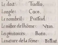 Word by word translation: le doit (finger) - tudlo; longle (nails) - coco; le nombril (navel) - pussud; le mẽbre delhõme (male genital) - utin; les genitoiries (genitalia) - boto; le nature de la fẽme (the female nature) - billat. Note that in modern Bisaya languages, boto and bilat refer to the male and female genitalia, respectively.